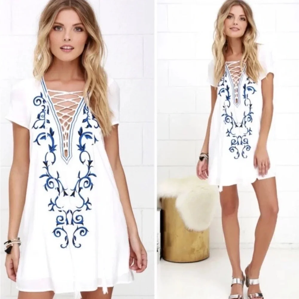 Lulus Small Embroidered Lace Up Shift Dress Vacation Beach Down In Kokomo - Picture 2 of 13